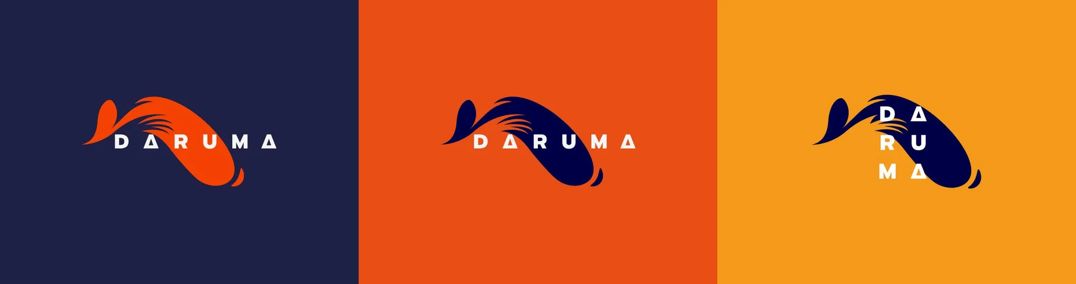 The logo across three backgrounds: navy, orange and yellow