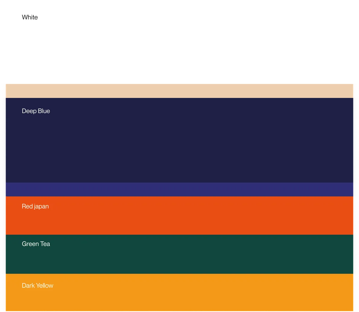Colour palette: white, deep blue, red japan, green tea and dark yellow