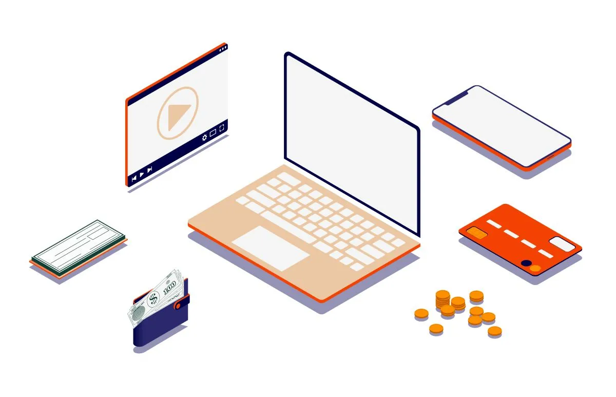 Isometric illustration of devices, cards and coins