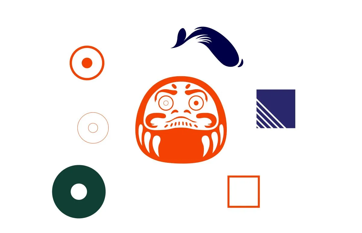 The graphic elements: the daruma face, the eye, the isotype and geometric shapes