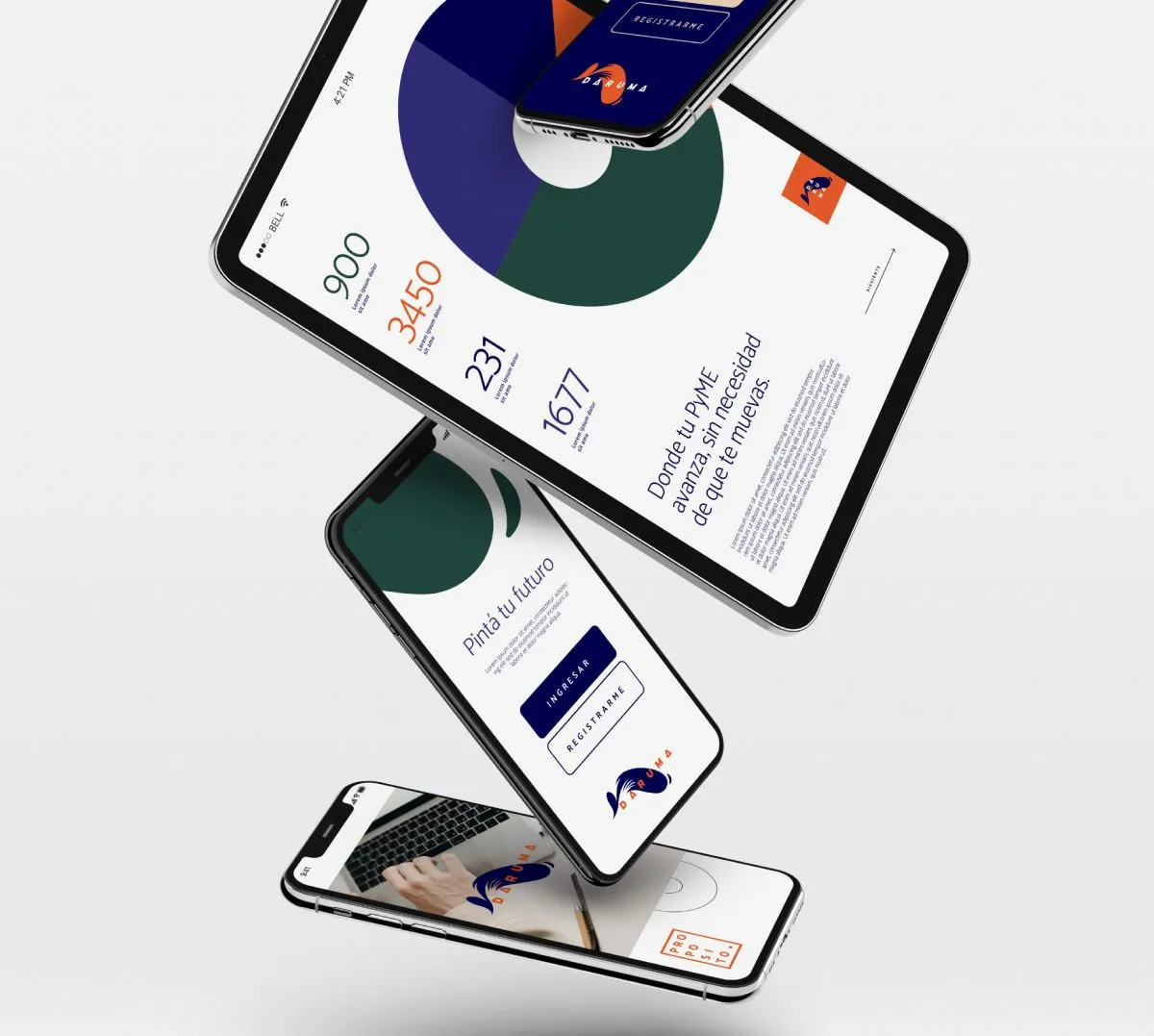 Devices floating in space, showing the app screens