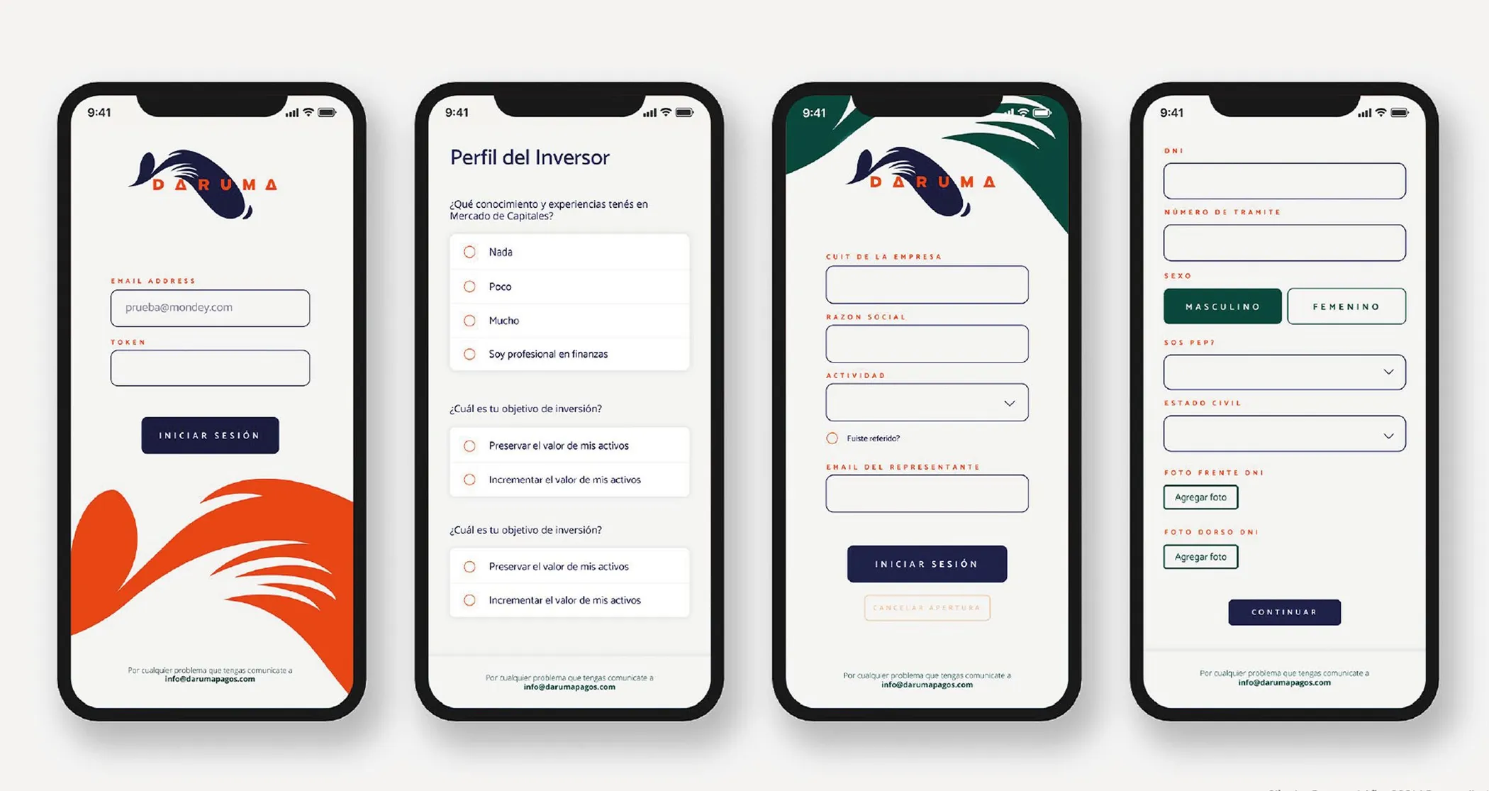 App screens: sign-in, investor profile and forms