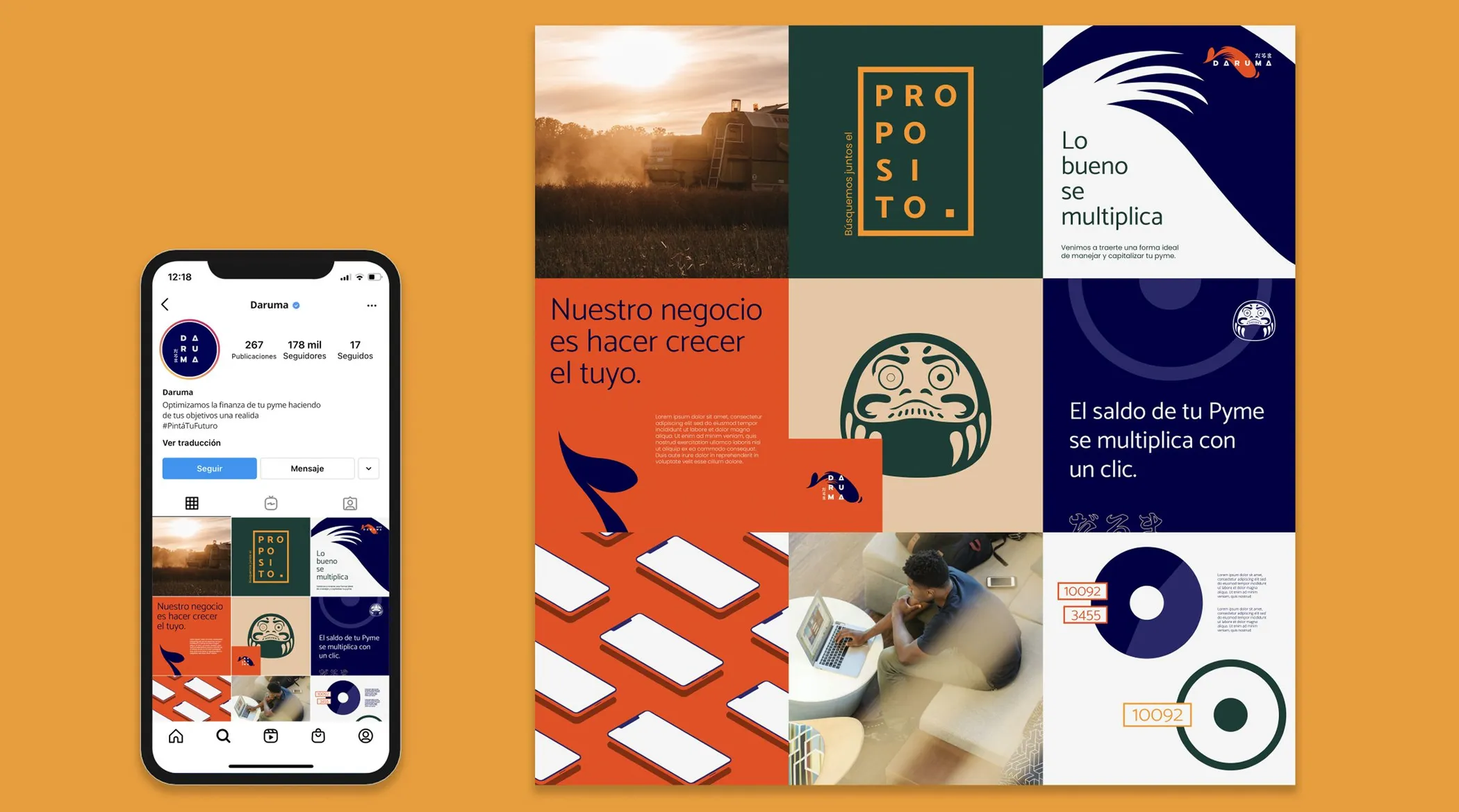 Social media grid mixing photographs, statements and graphic elements