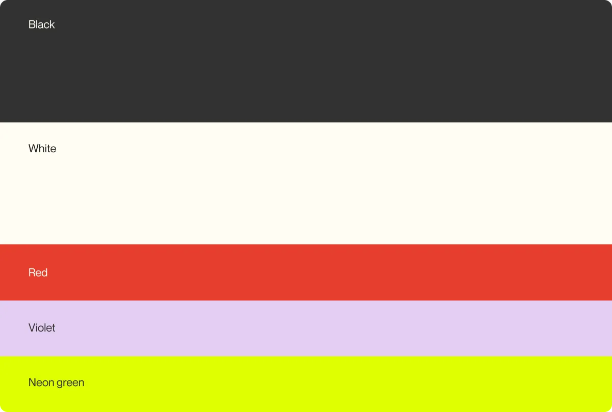 Colour palette: black, white, red, violet and neon green