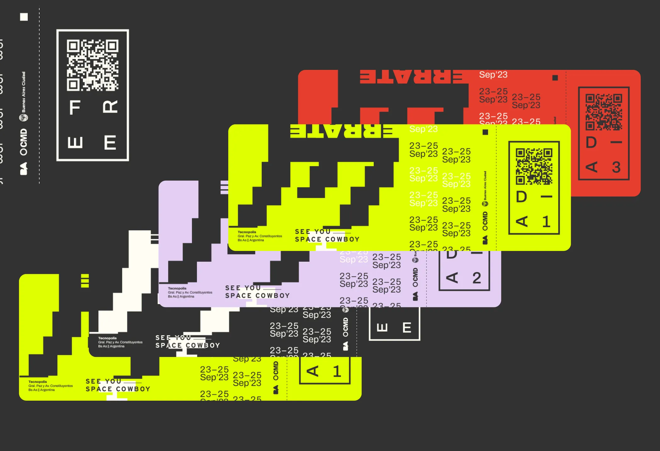 Tickets and passes in neon green, violet and red, each with a QR code