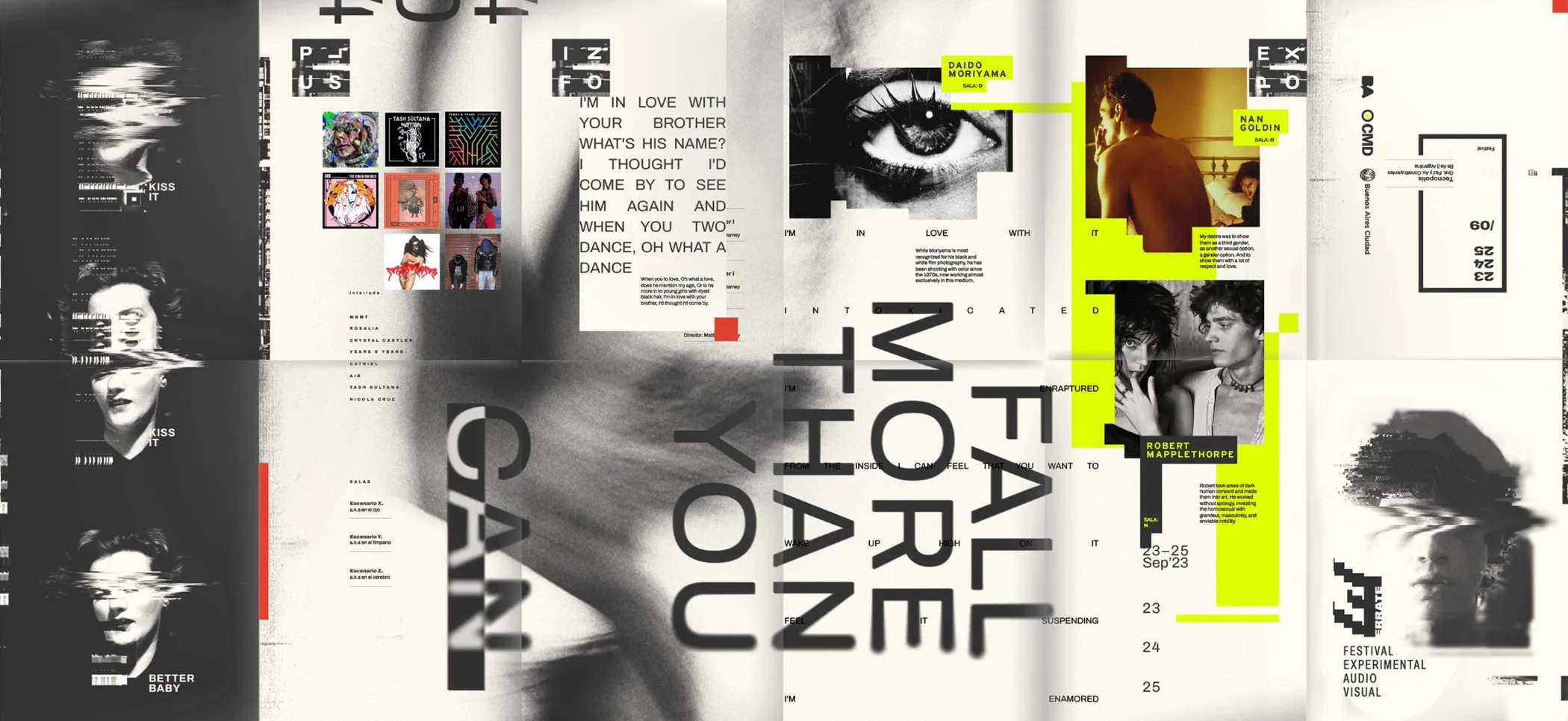 Poster spread: high-contrast portraits with the line "Fall more than you"