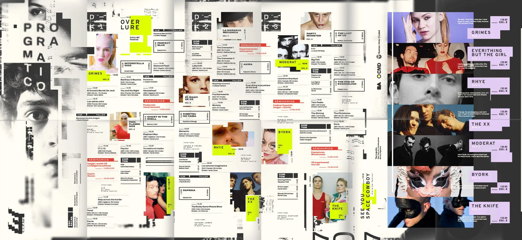 Programme spread: a dense grid of photographs, text and neon highlights
