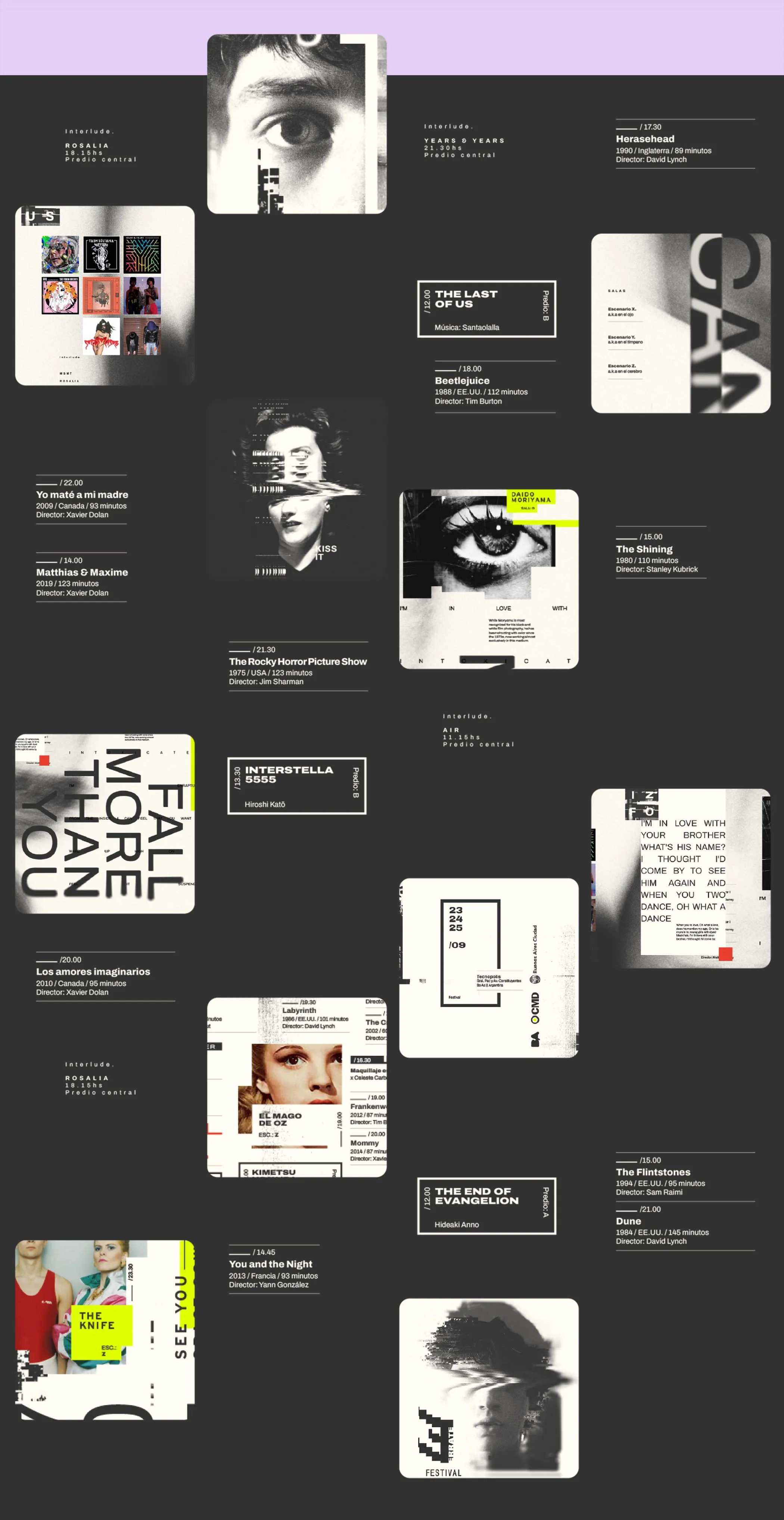 Full poster: portraits, captions and text blocks over a violet band