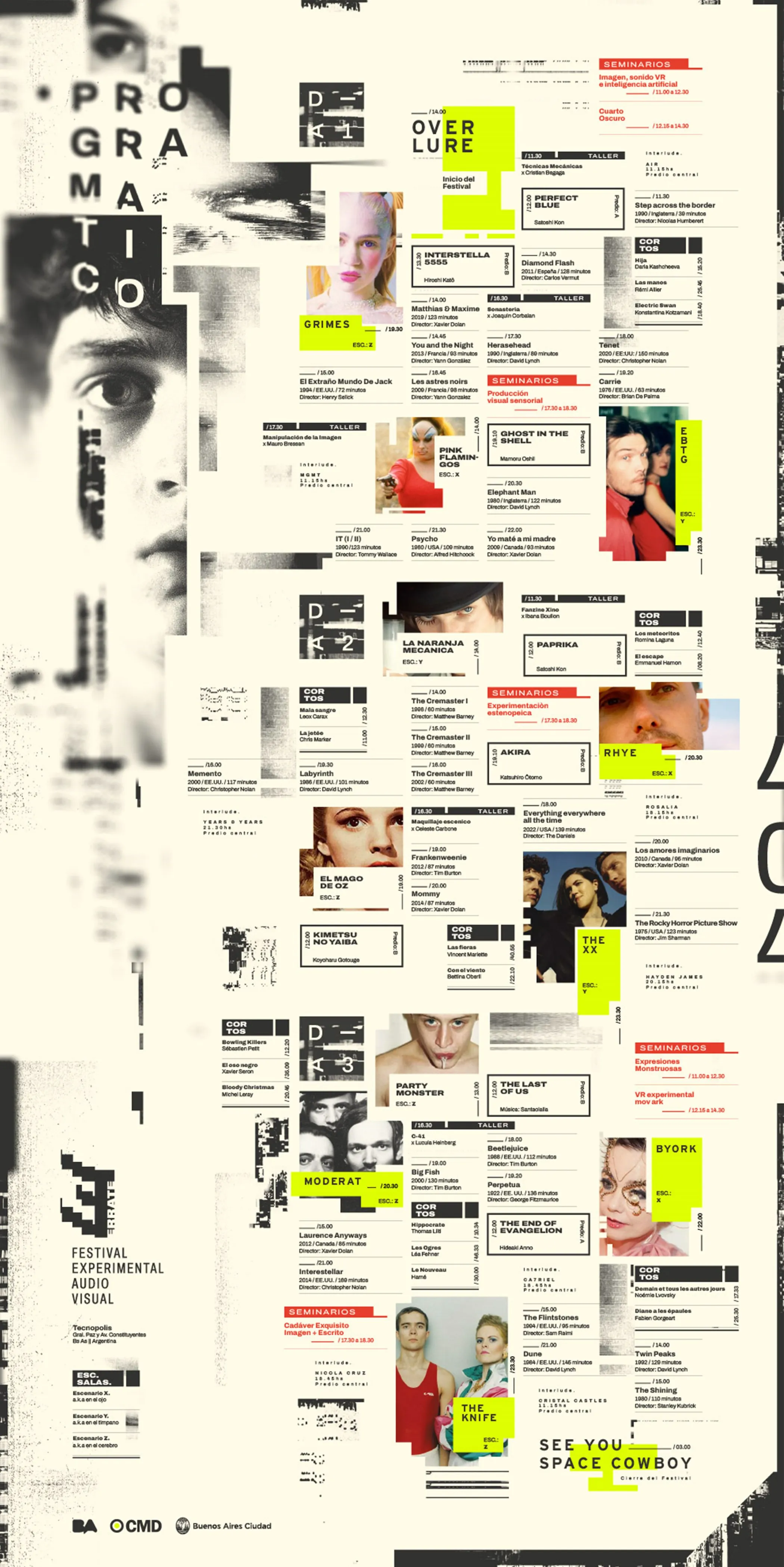 Long-format programme poster: columns of text and images with neon accents