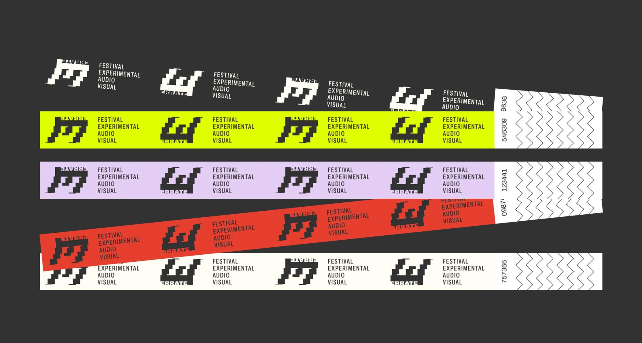 Festival wristbands in the palette colours, repeating the isotype