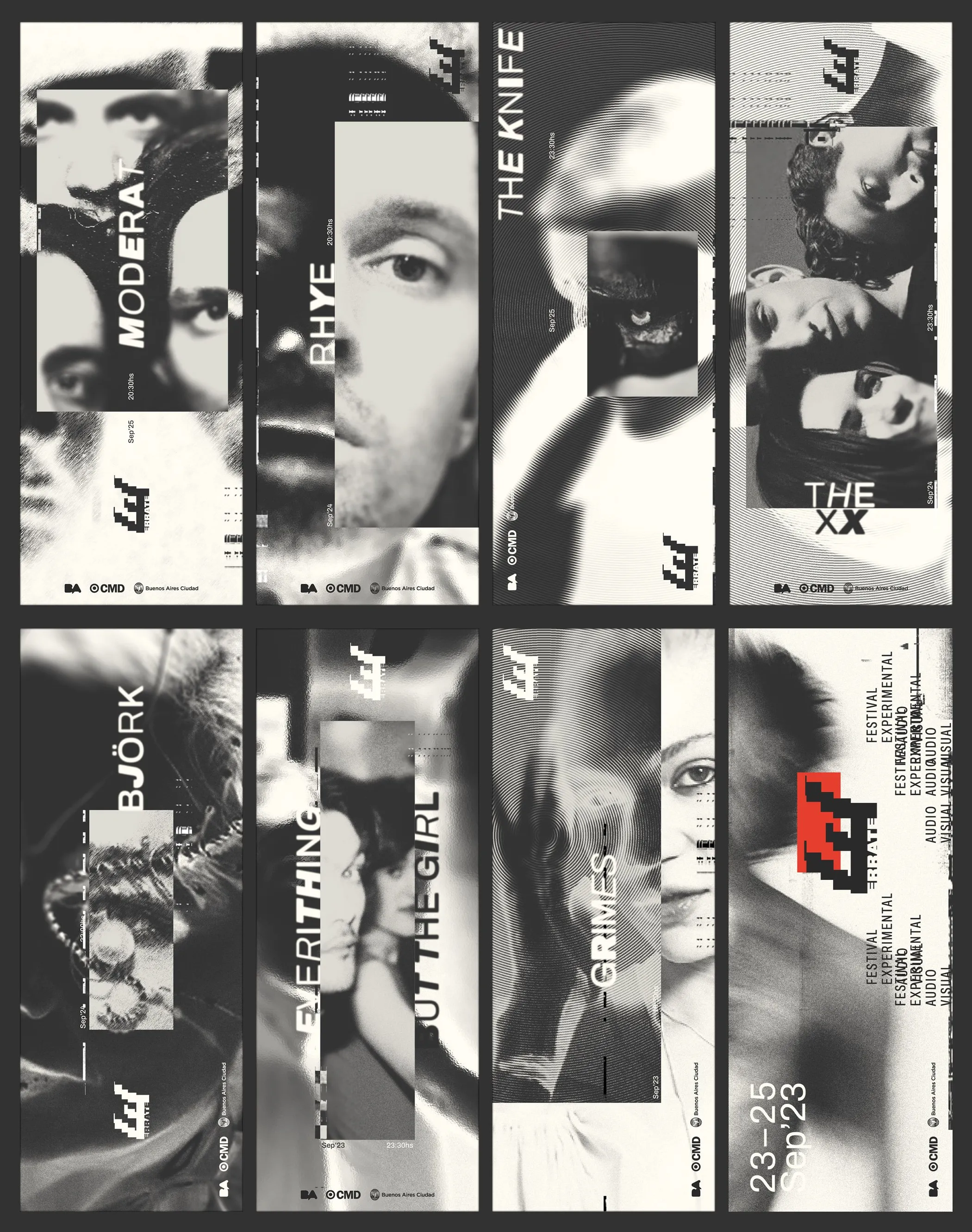 Poster grid for the musical line-up, each with an artist portrait