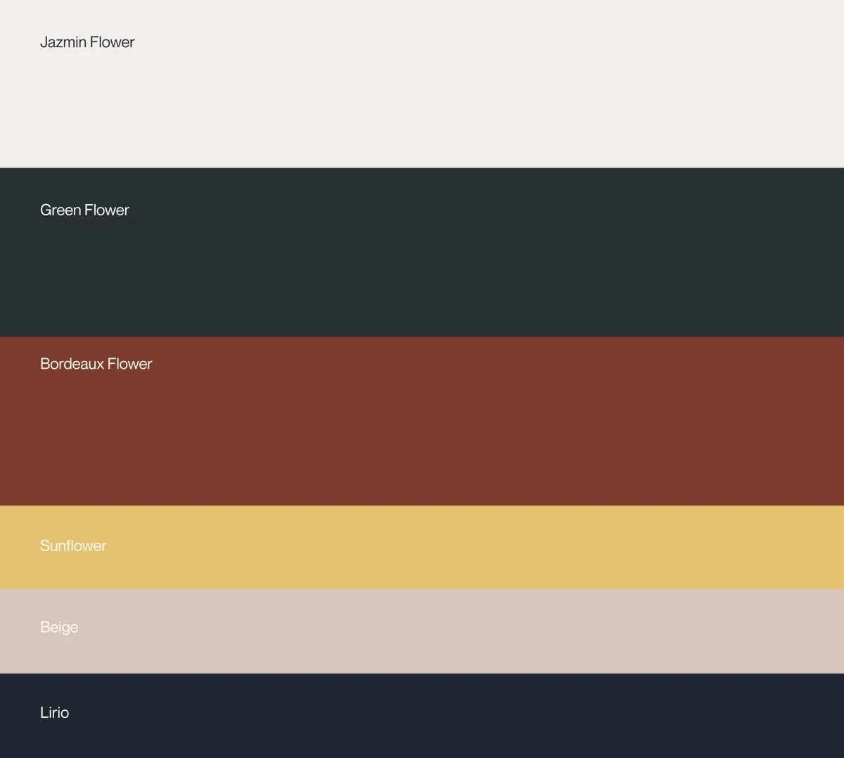 Colour palette named after flowers: jasmine, green, bordeaux, sunflower, beige and lily