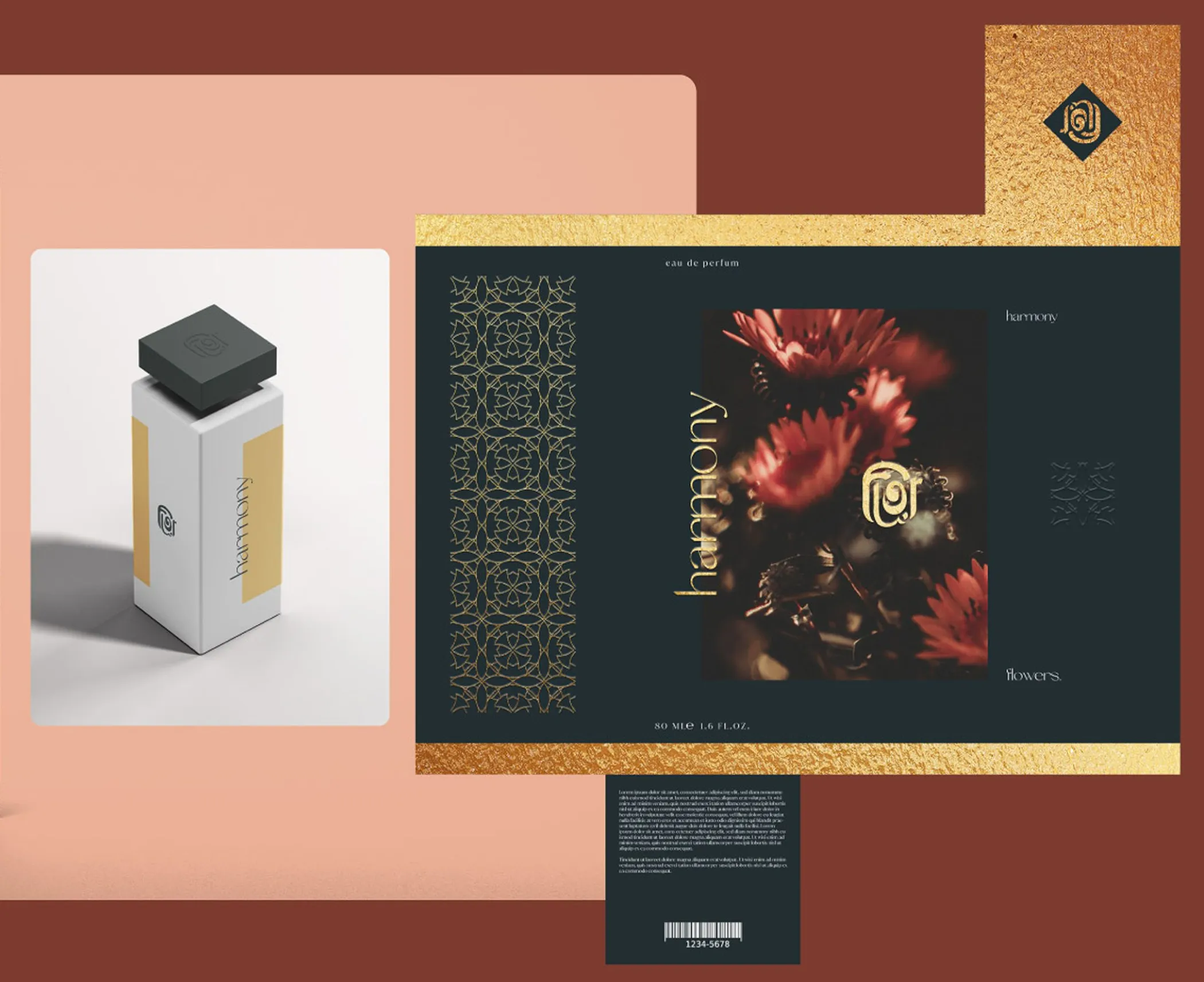 Packaging: the bottle beside its box, floral imagery inside the pattern frame