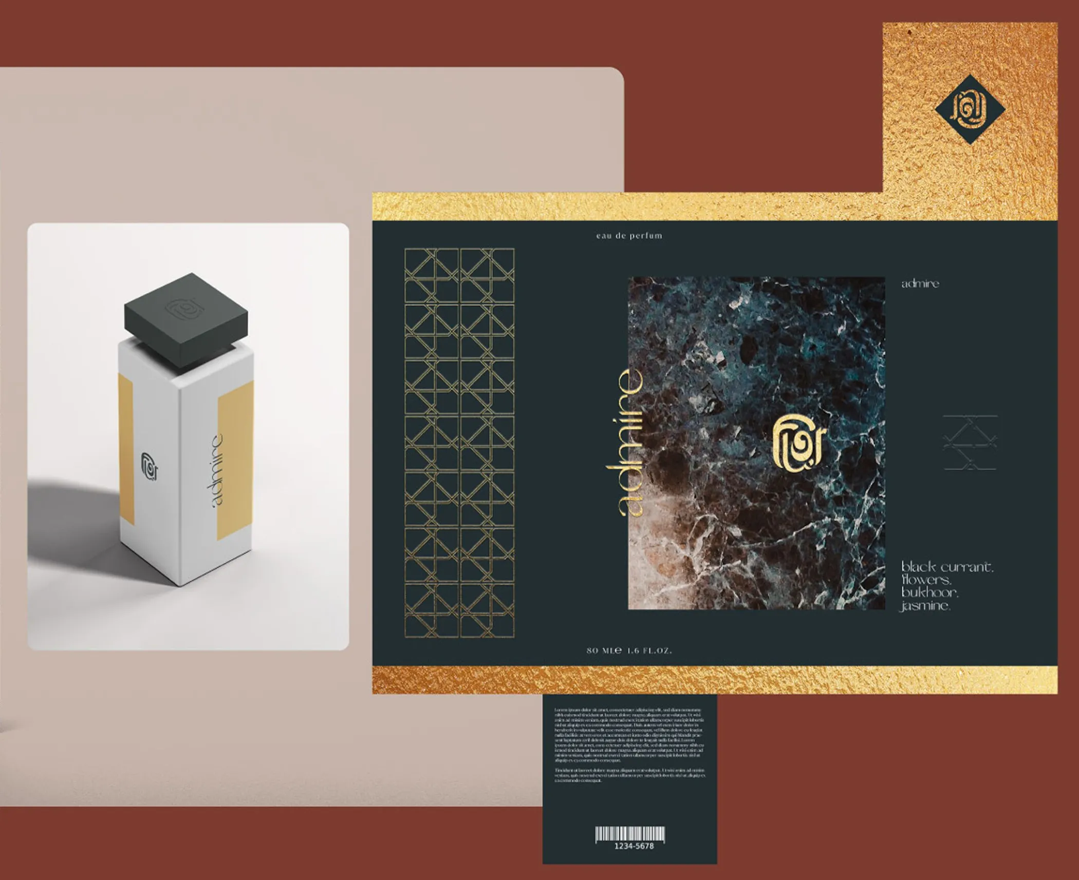 Packaging: the bottle beside its box, night imagery inside the pattern frame