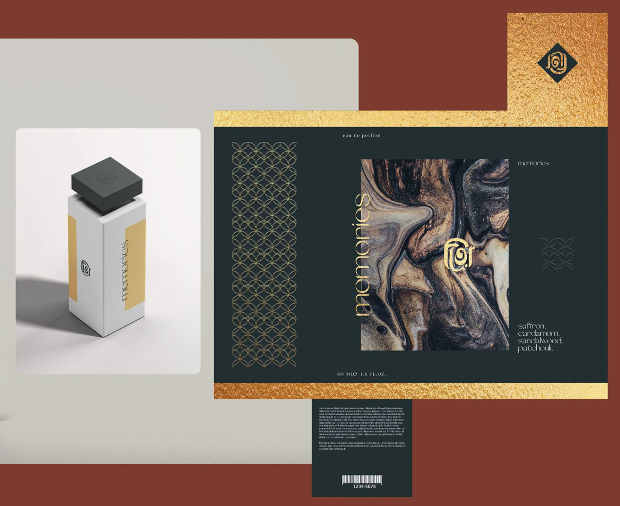 Packaging: the bottle beside its box, marbled imagery inside the pattern frame