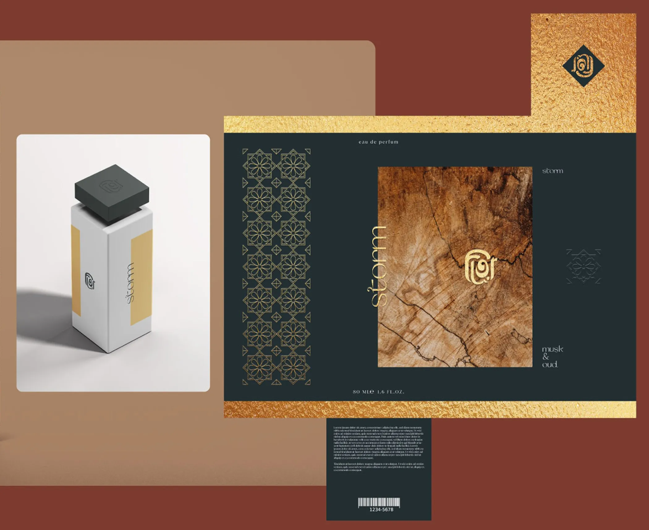 Packaging: the bottle beside its box, amber imagery inside the pattern frame