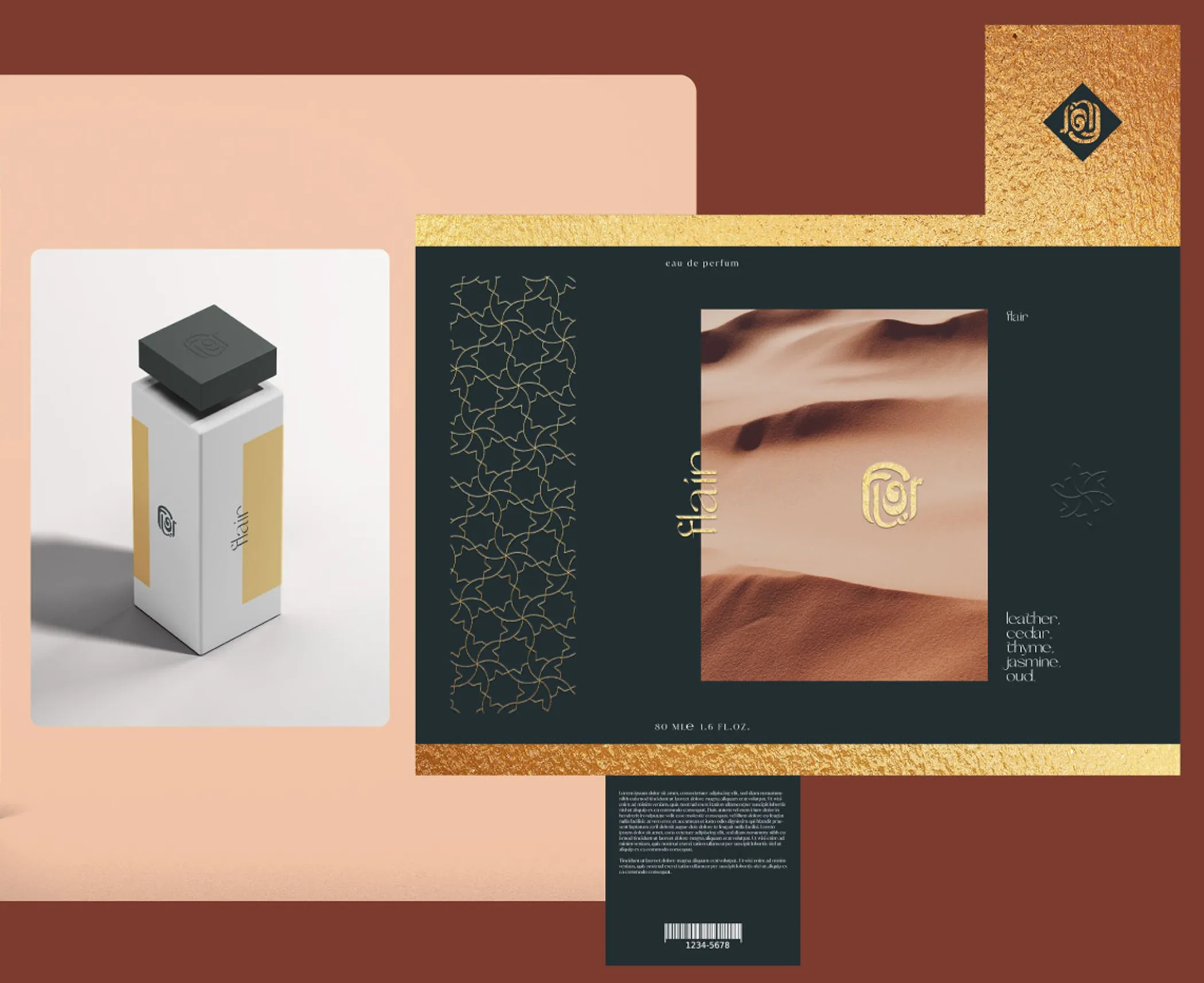 Packaging: the bottle beside its box, desert dunes inside the pattern frame