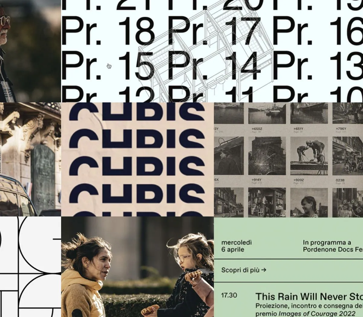 Reference board: large type set over documentary photographs