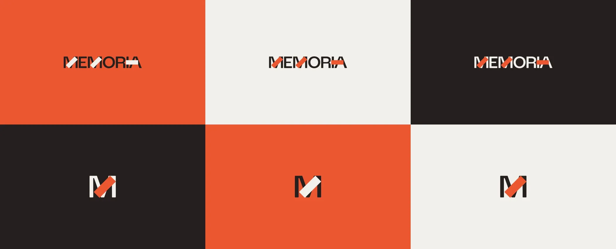 Six-cell grid alternating wordmark and monogram across red, white and black