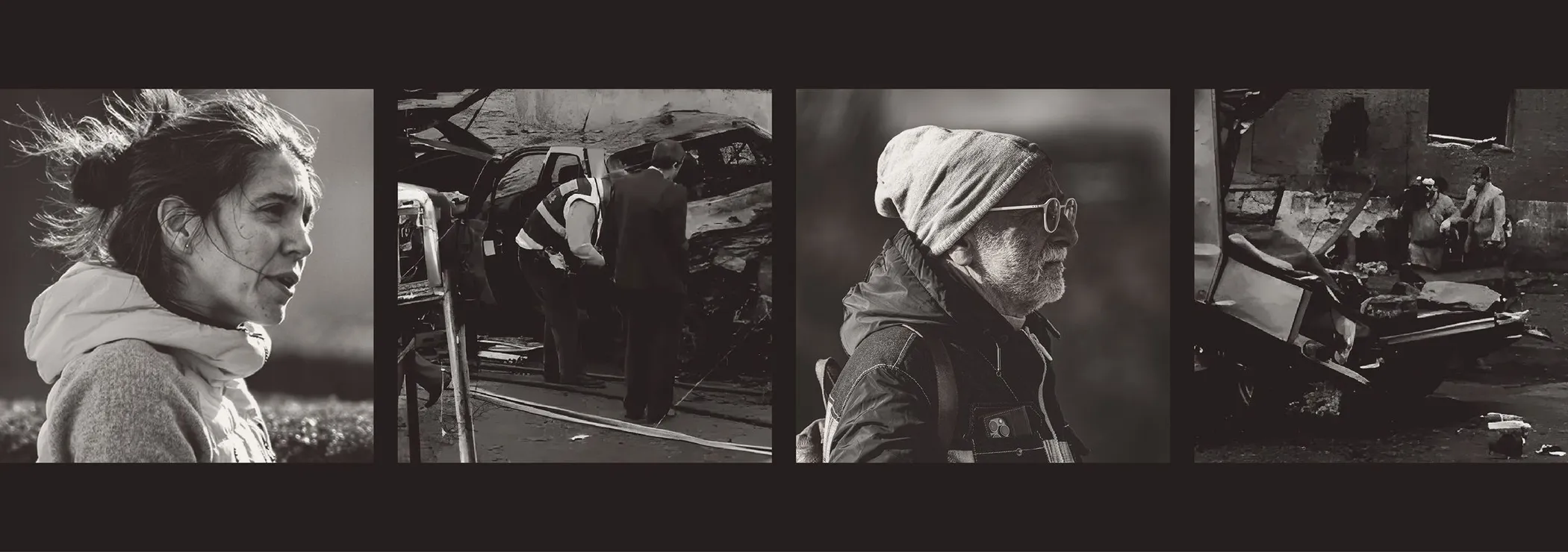 Row of black-and-white documentary portraits