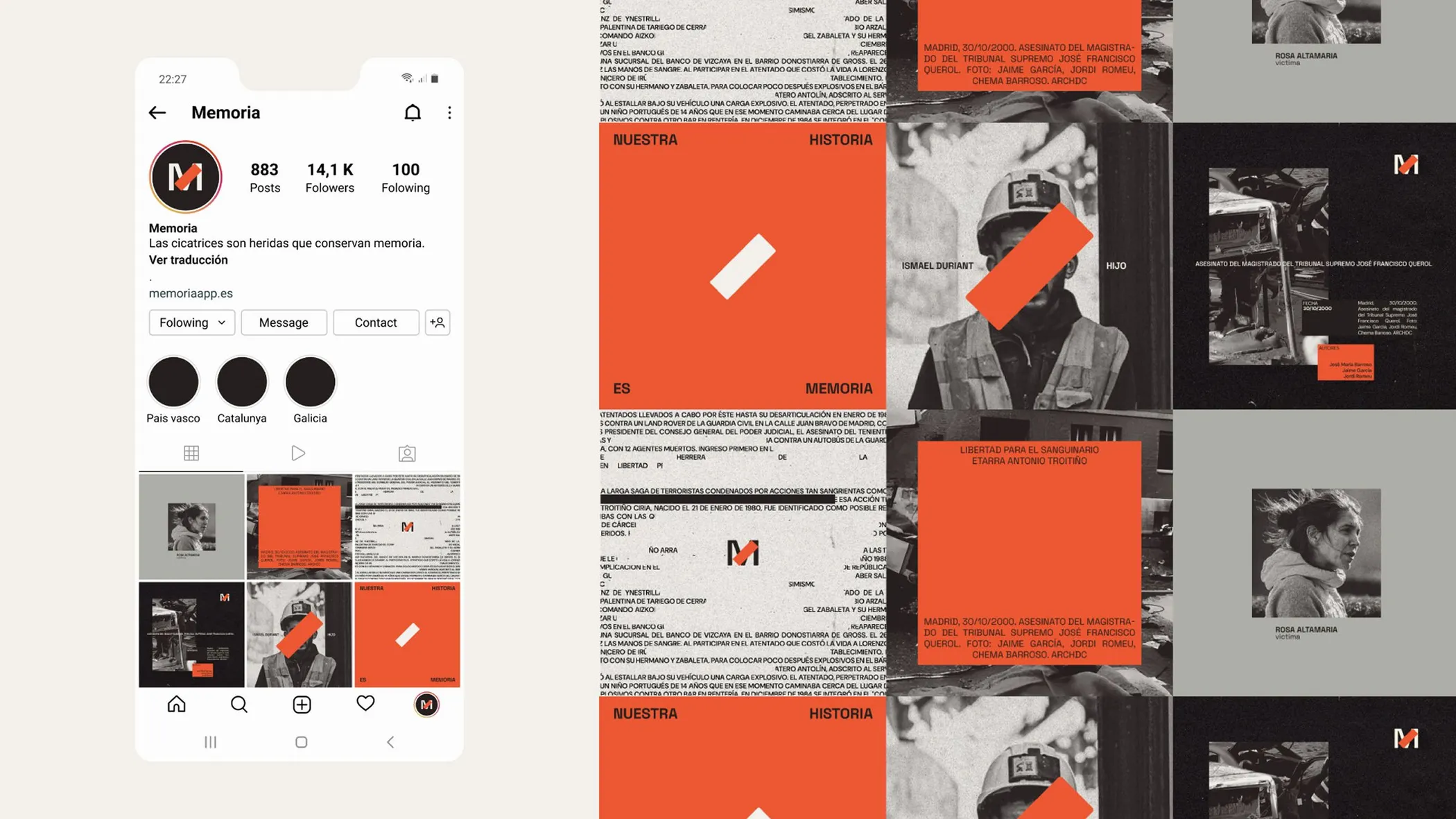 Instagram feed: the grid alternating portraits, red panels and the monogram