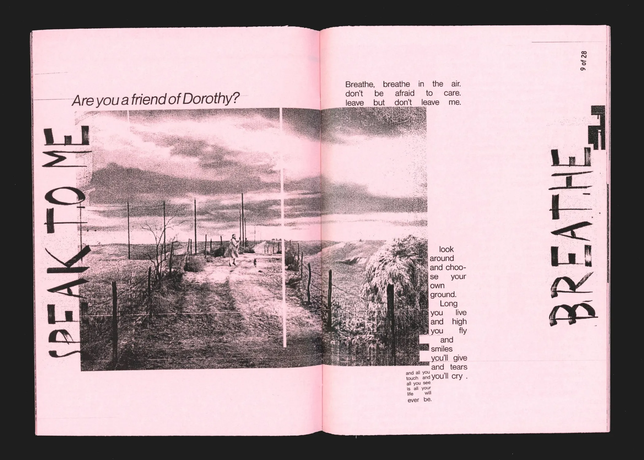 Spread: "Speak to me" and "Breathe" set vertically over a landscape