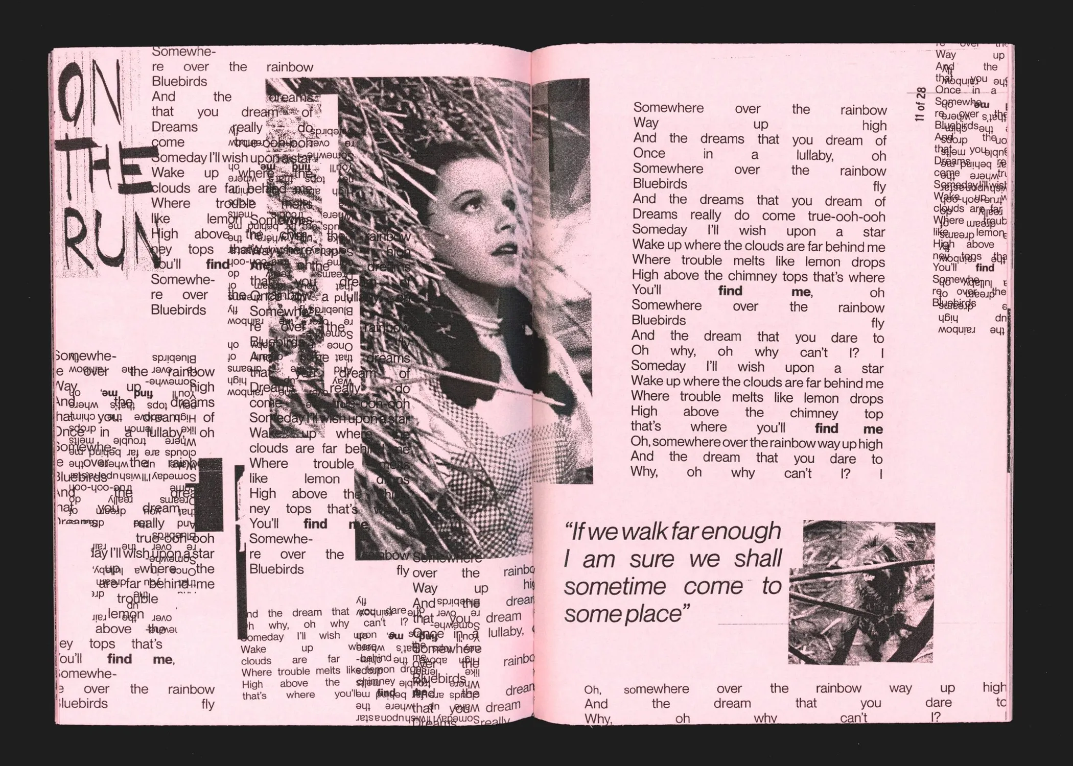 Spread: dense lyric text wrapping around a portrait