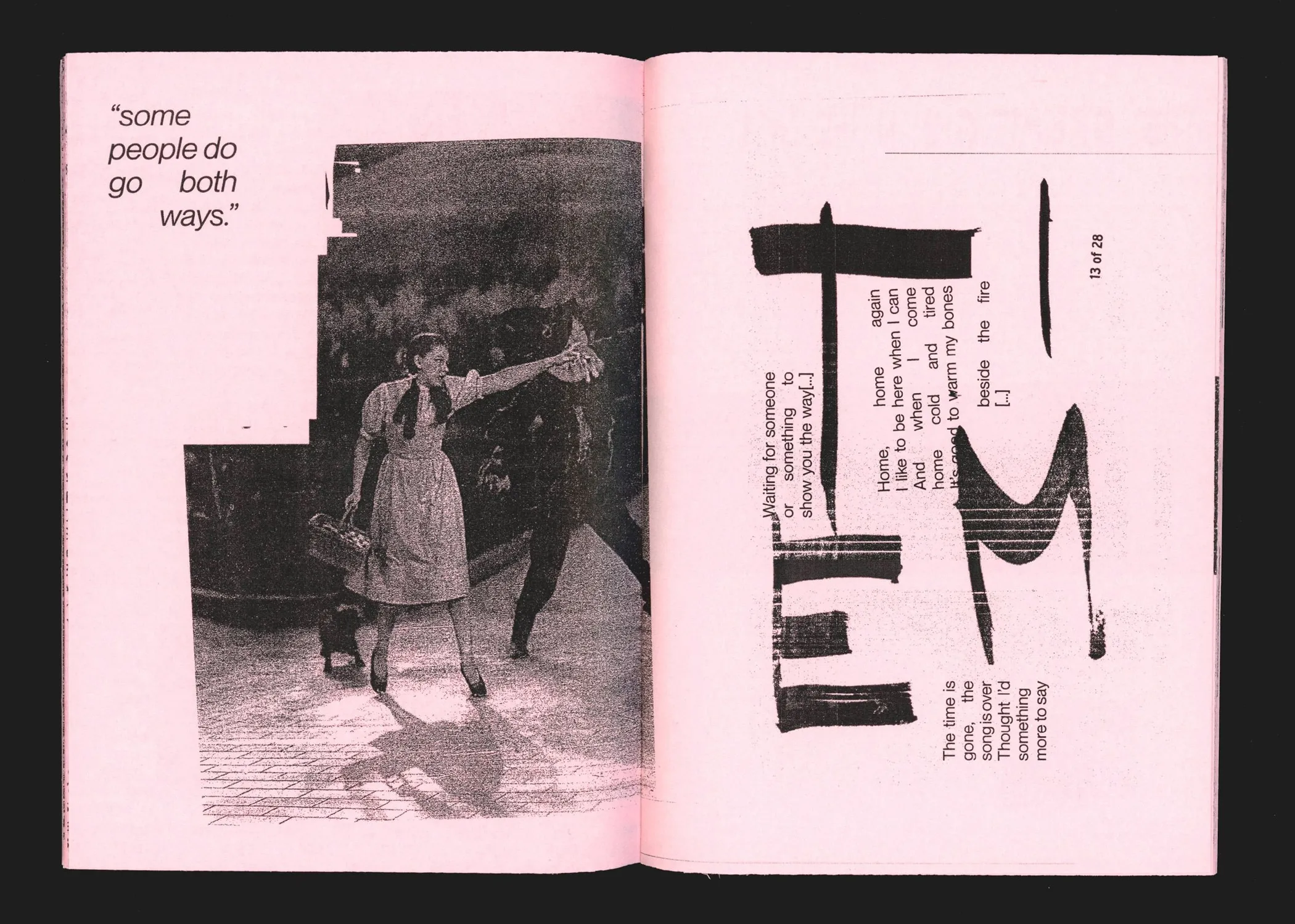 Spread: a still from the film beside broken typography