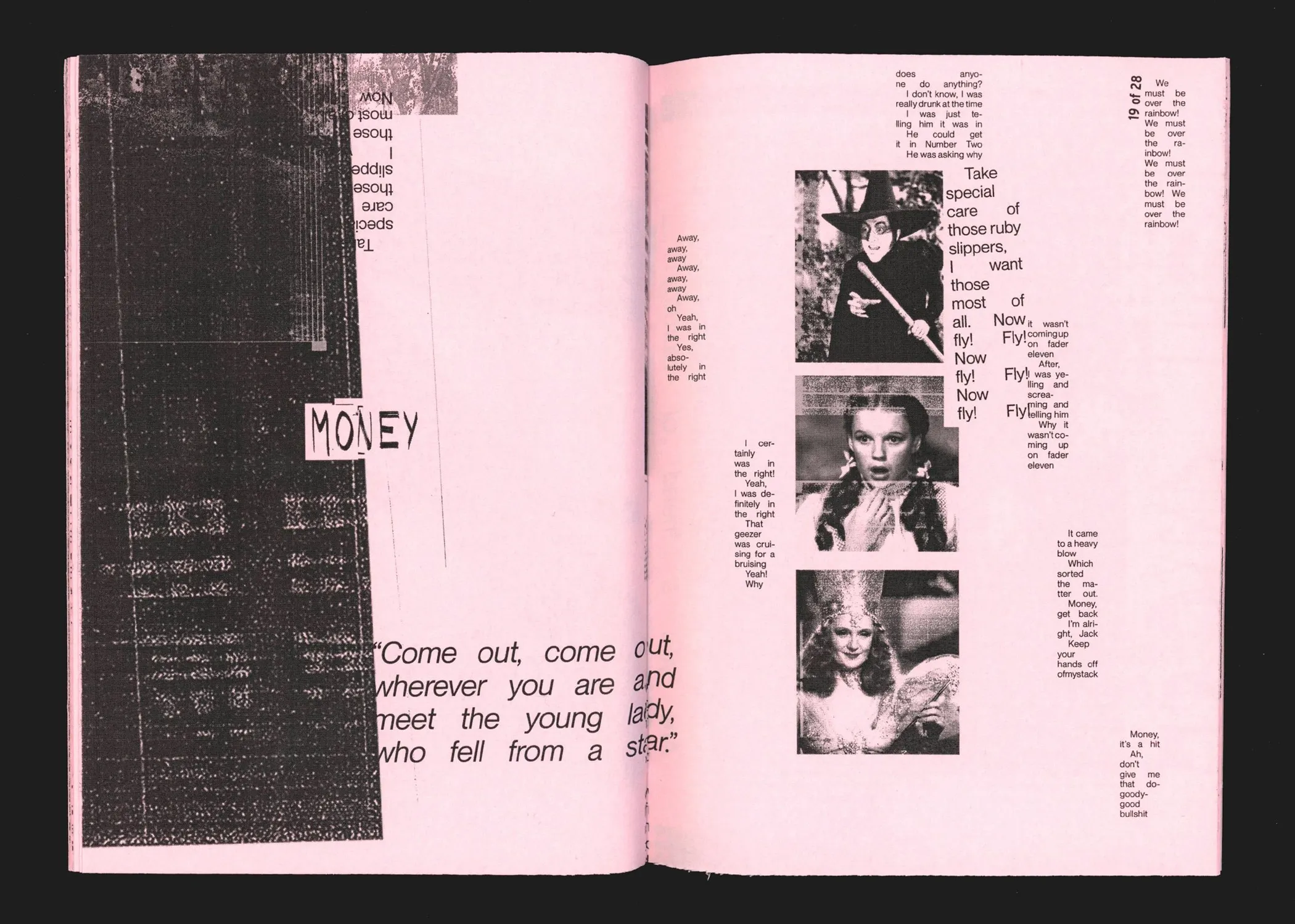 Spread: "Money", the text laid over a dark texture