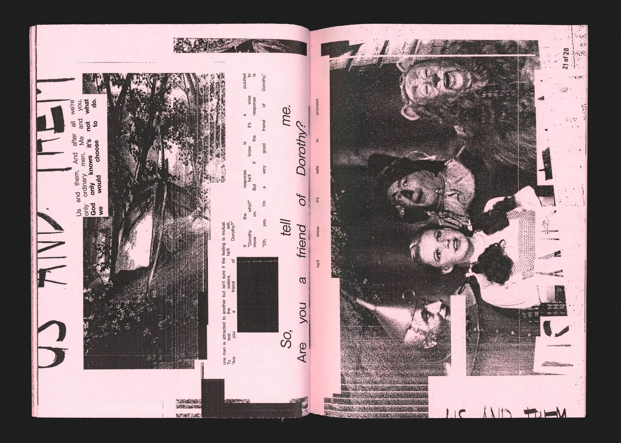 Spread: "Us and them", portraits torn across the page