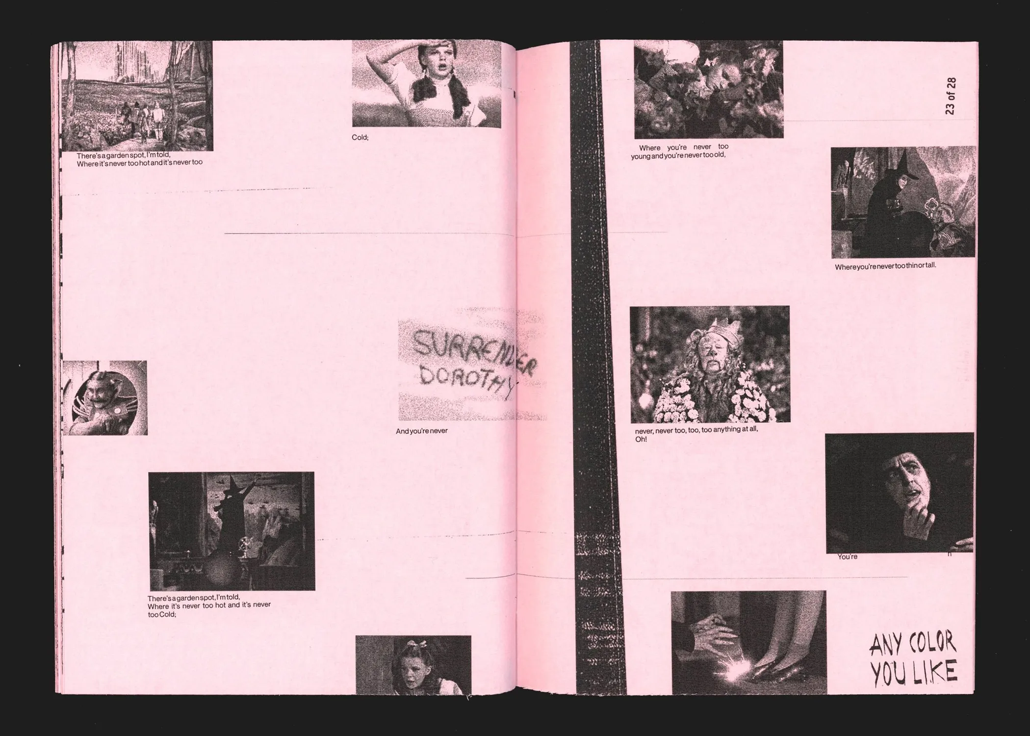 Spread: scattered stills and the line "Any colour you like"