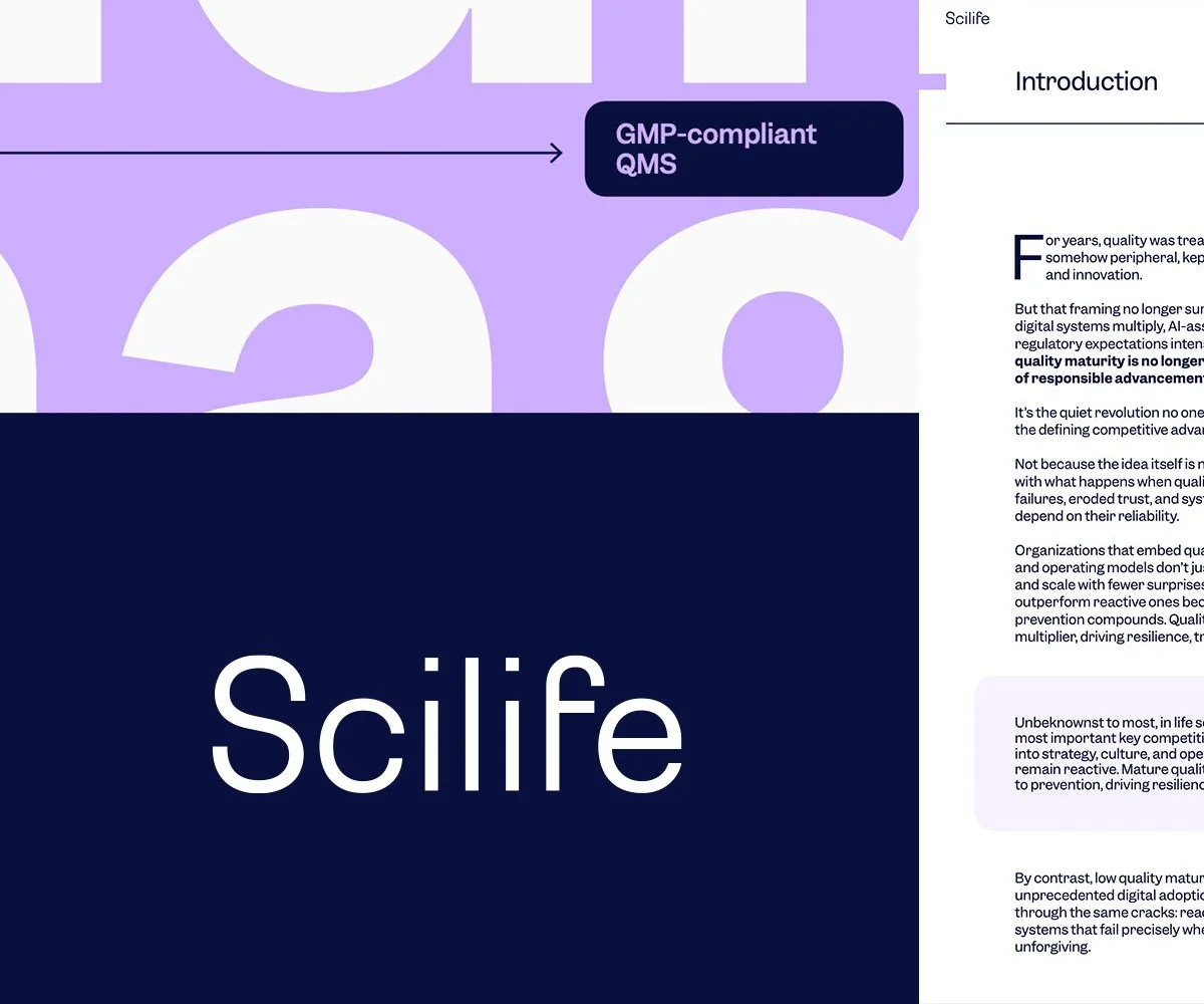 Three pieces of the system: the Scilife wordmark in white on navy, a purple panel with oversized numerals, and a page of running text.