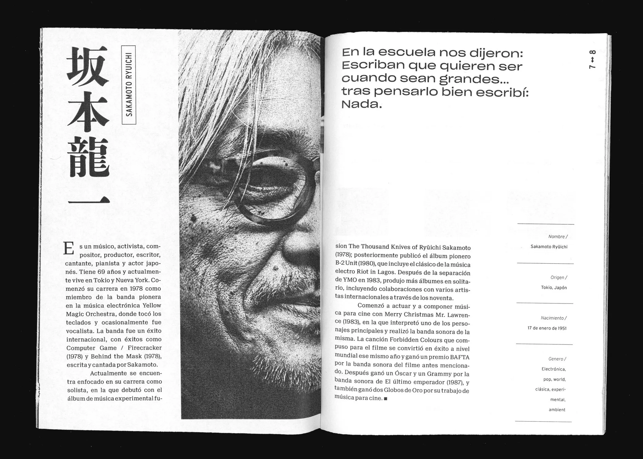 Spread: the musician's portrait beside his name in Japanese