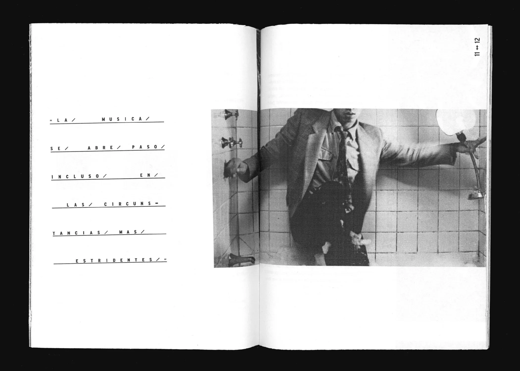 Spread: a photograph of the musician beside a list