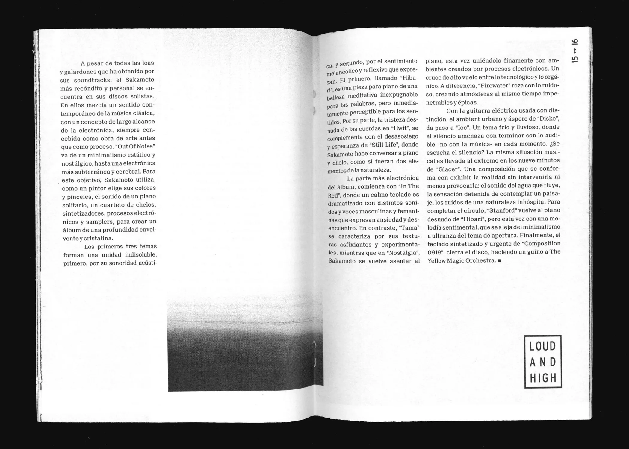 Spread: text beside a horizon photograph, and the words "Loud and high"
