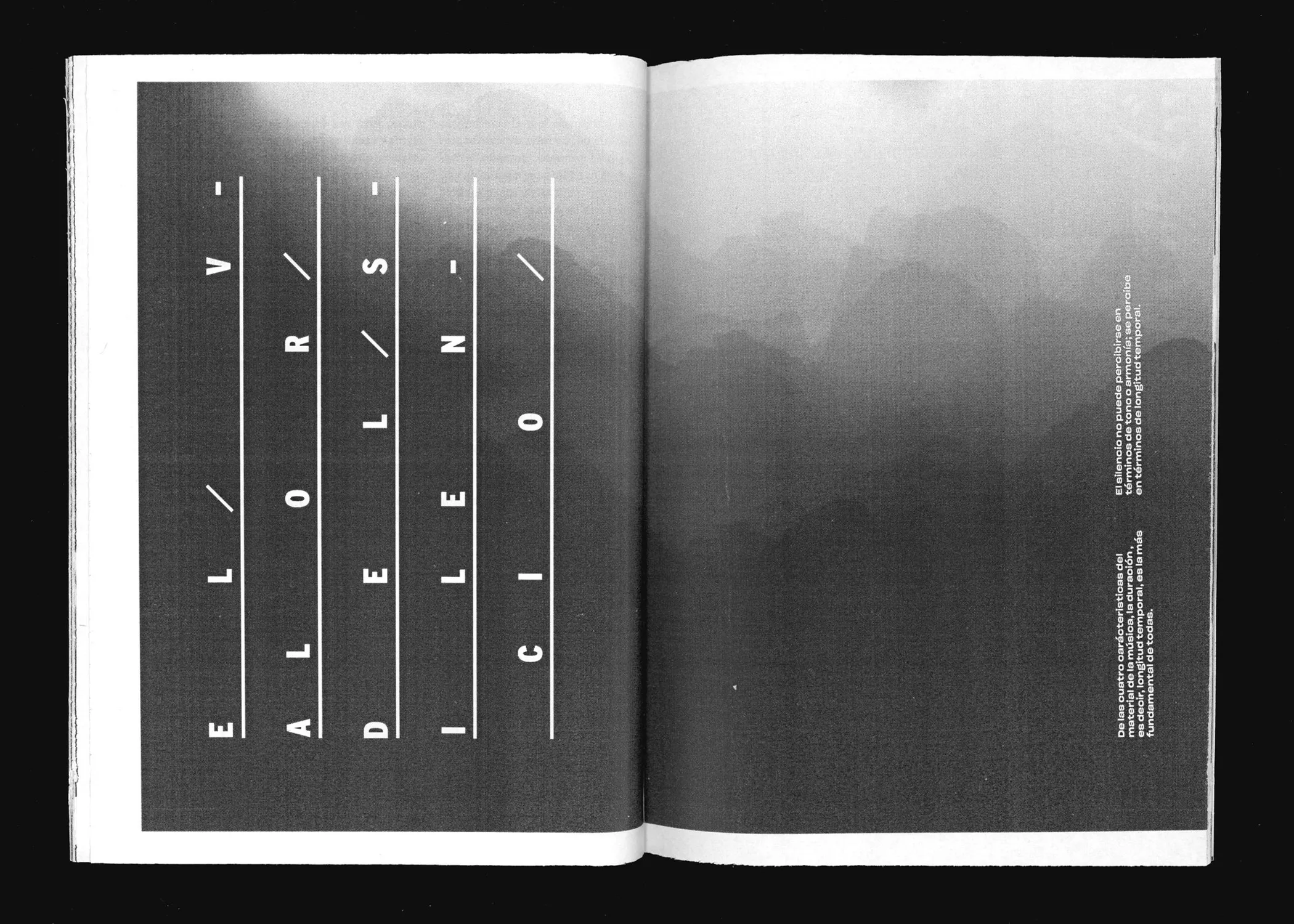 Spread: "El valor del silencio" over a blurred landscape