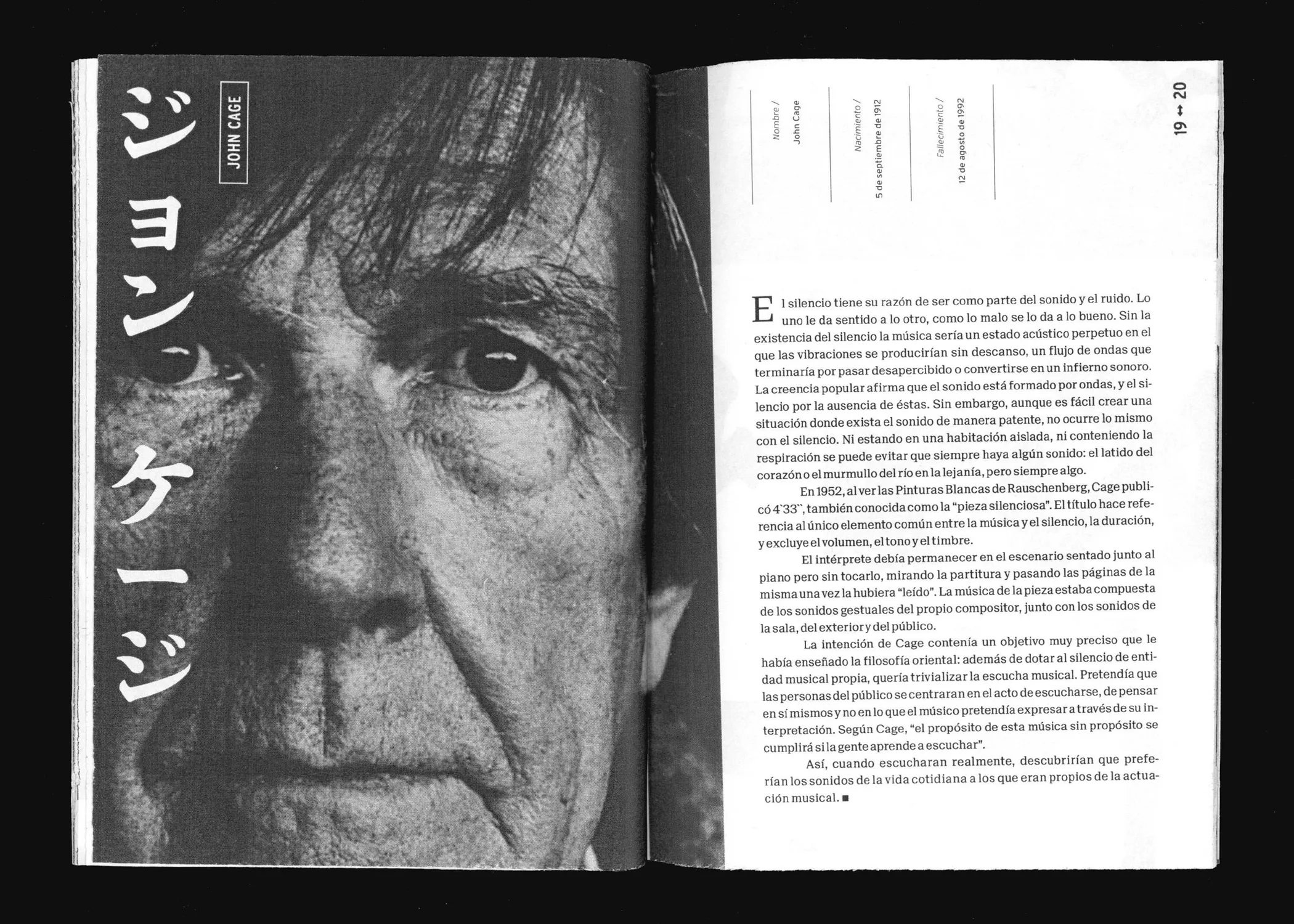 Spread: a portrait of John Cage beside the text