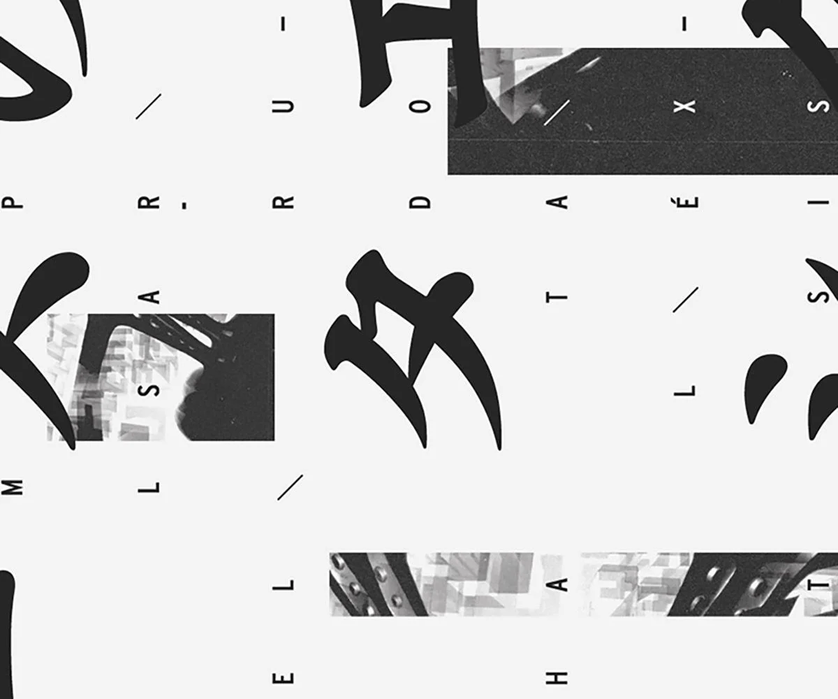 Brush marks and fragments of black and white photographs scattered on white, the artist's name set around the edges.