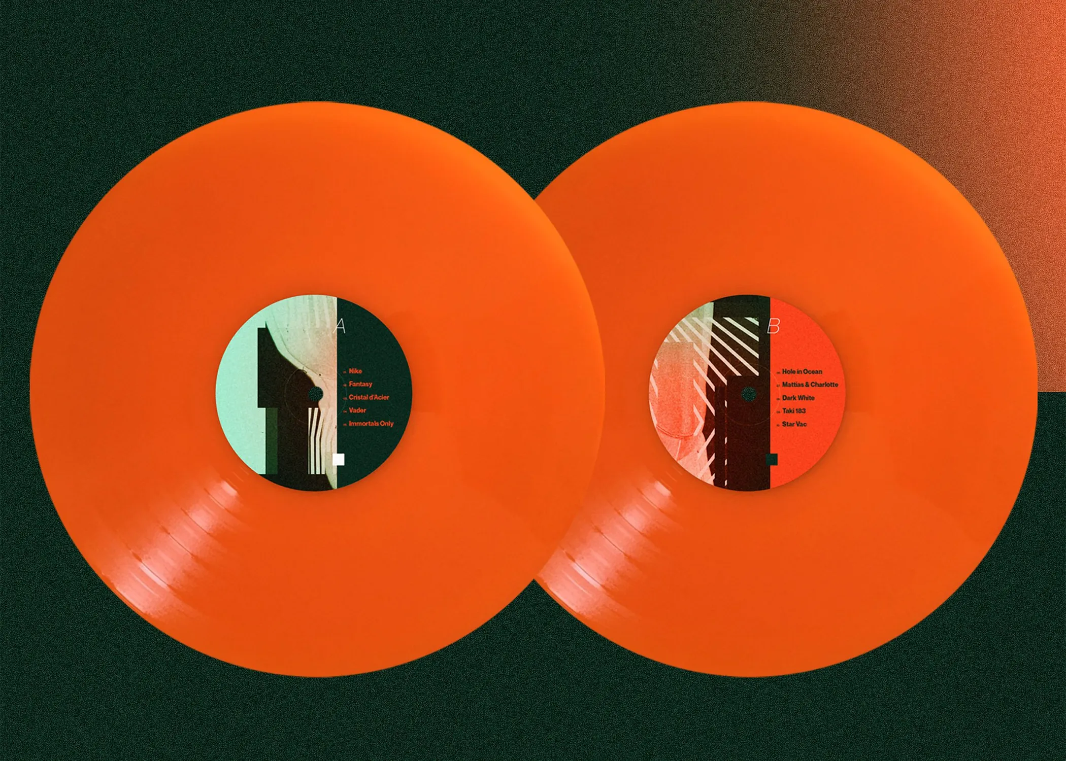 Two orange vinyl records over a dark green field