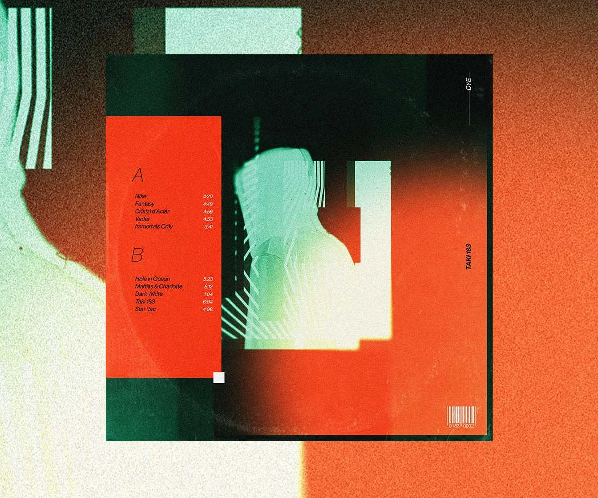 Record sleeve in dark green and orange, with the A and B side tracklists and a glitched white shape.