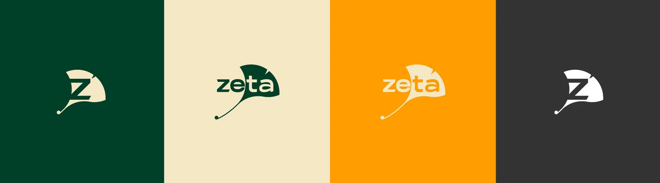 The logo across four backgrounds: green, beige, orange and dark grey