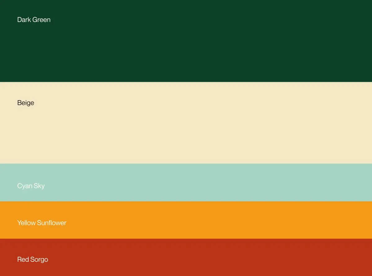 Colour palette: dark green, beige, cyan sky, yellow sunflower and red sorgo