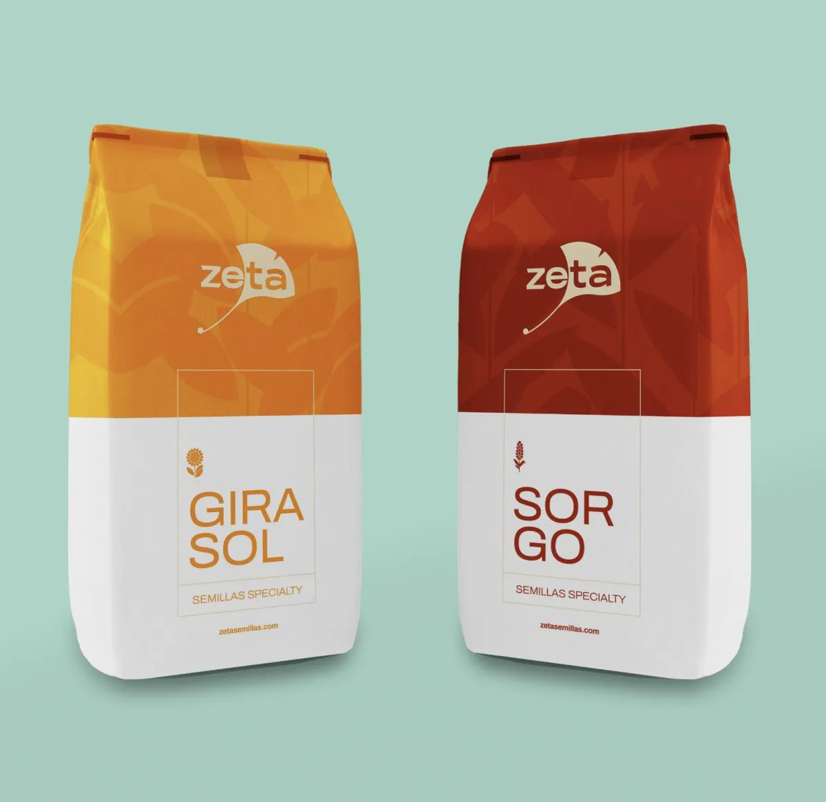 Two seed bags, sunflower and sorghum, in the brand colours