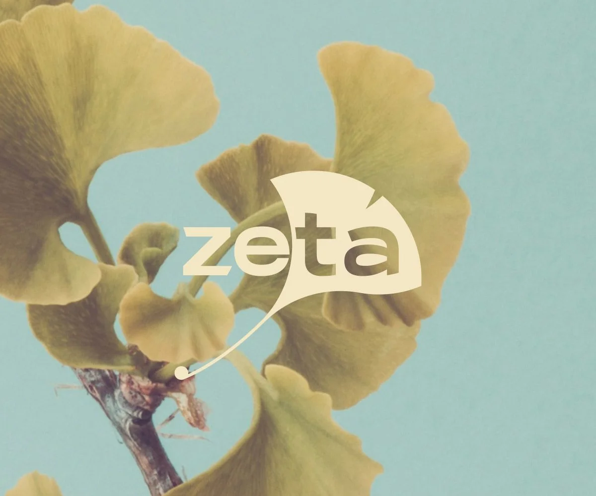 The Zeta lettering in cream over ginkgo leaves on a teal background.