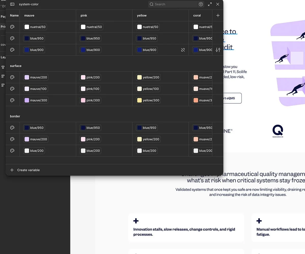 A design system colour palette open in the browser, its swatches named and grouped, over the page being redesigned.